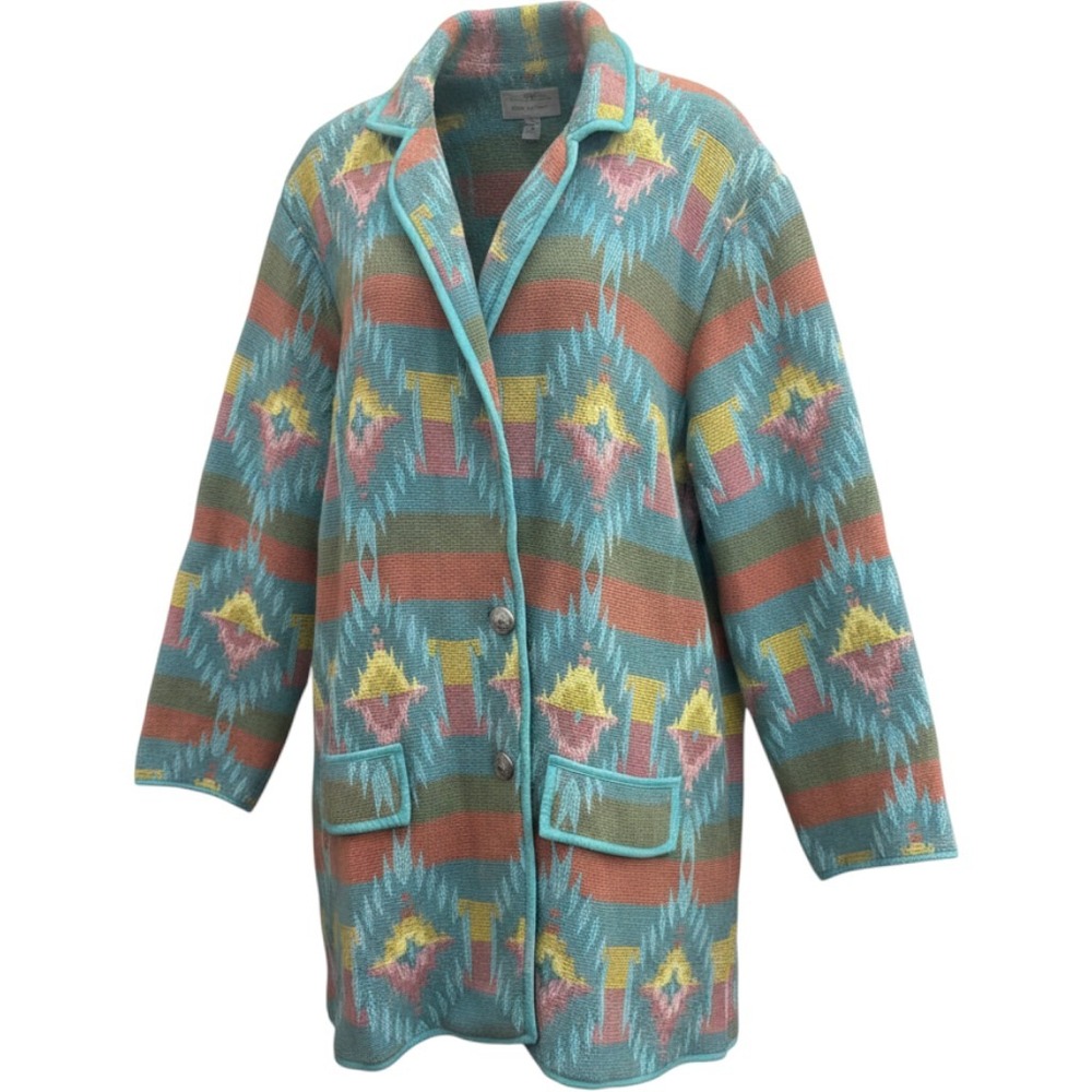 VTG Bedford Fair Blanket Southwestern Tapestry Jacket 2X Turquoise Cotton Woven